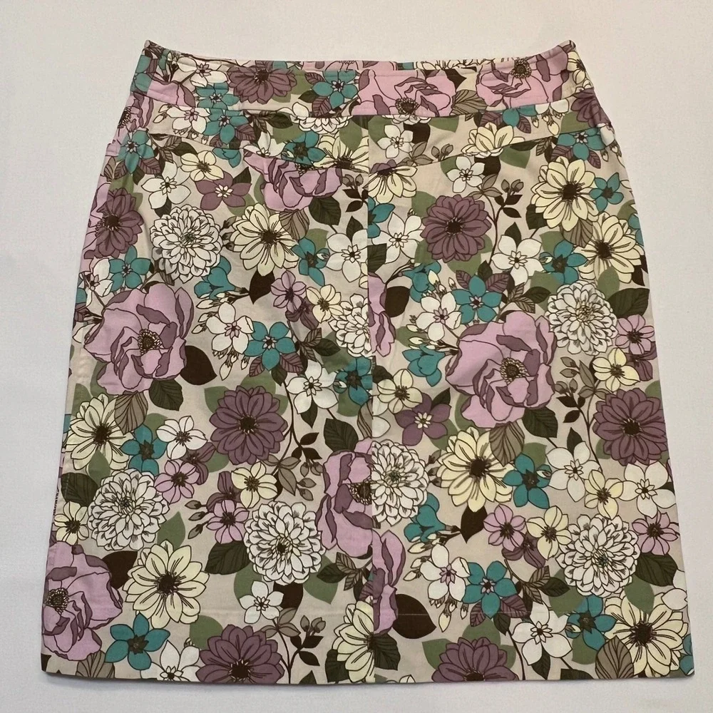 Villager Liz Claiborne‎ Purple Teal Floral Cotton Stretch Skirt Set Size 12